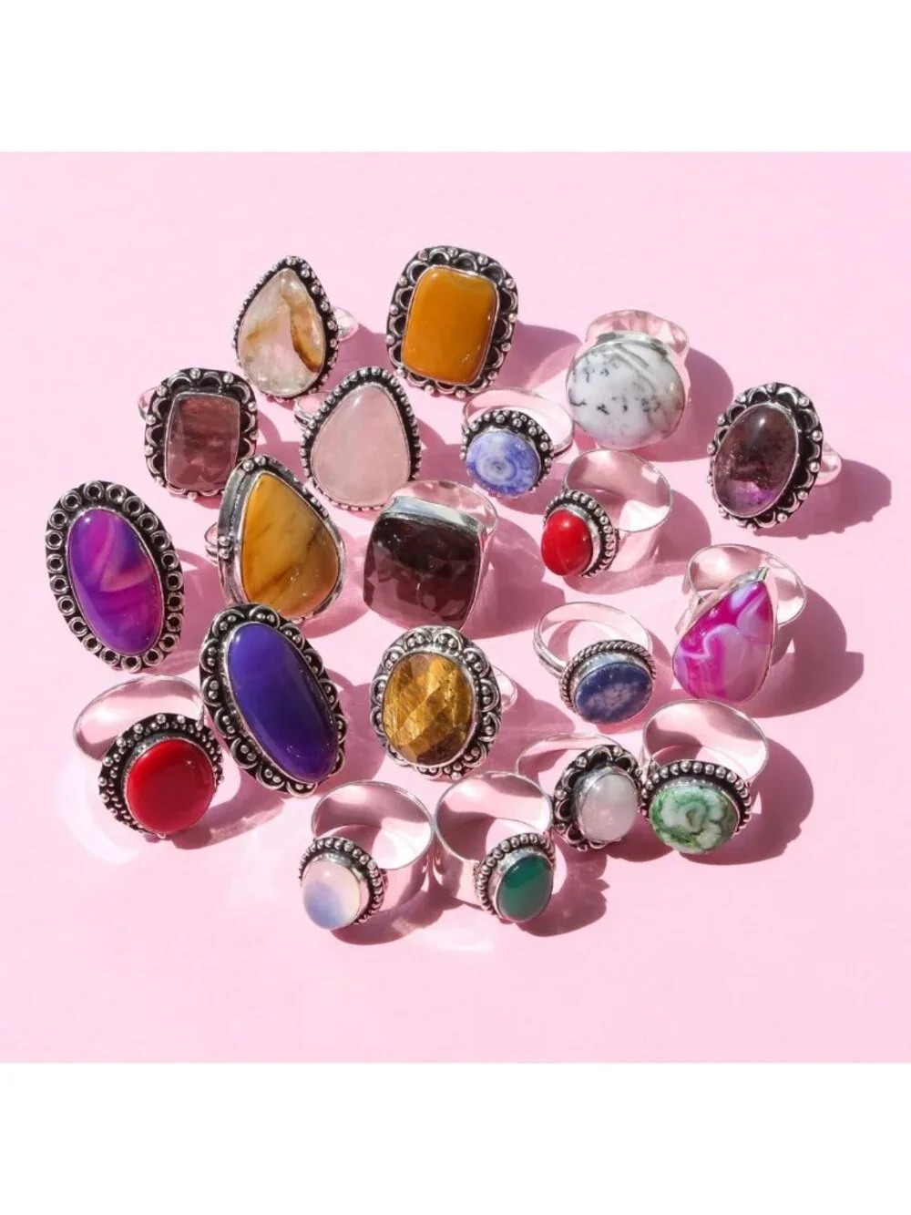 Chunky Silver Stackable Rings Set for Women - 10 Pcs Vintage Gemstone Knuckle